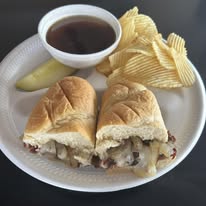 The Sticks BBQ — french dip sandwich with au jus and chips, Brownwood TX
