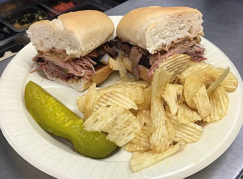 The Sticks BBQ — Combo Po Boy sandwich with chips and dipping sauce, Brownwood TX